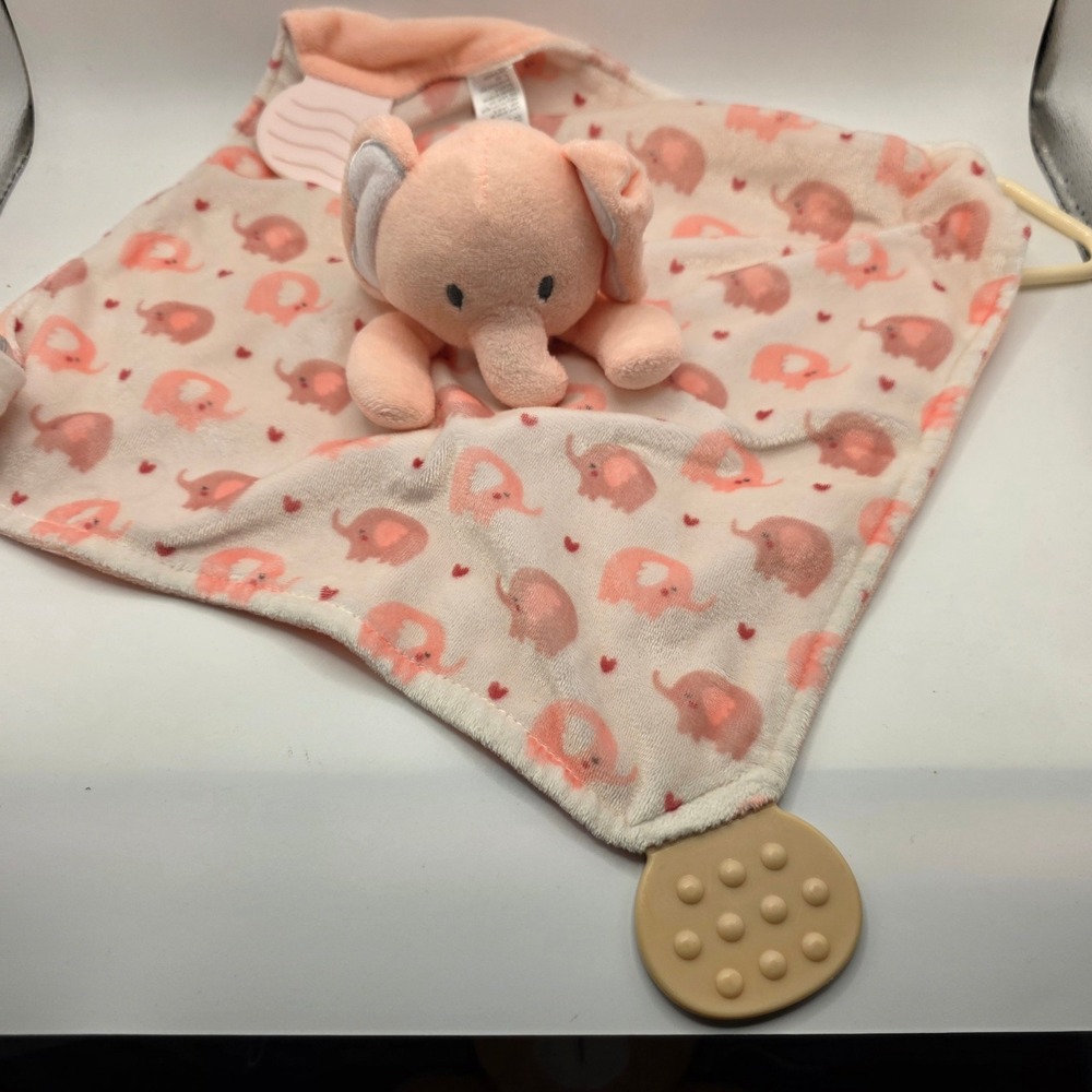 Modern Baby Pink Elephant Security Blanket Lovey with Teethers and Rattle Ring‎